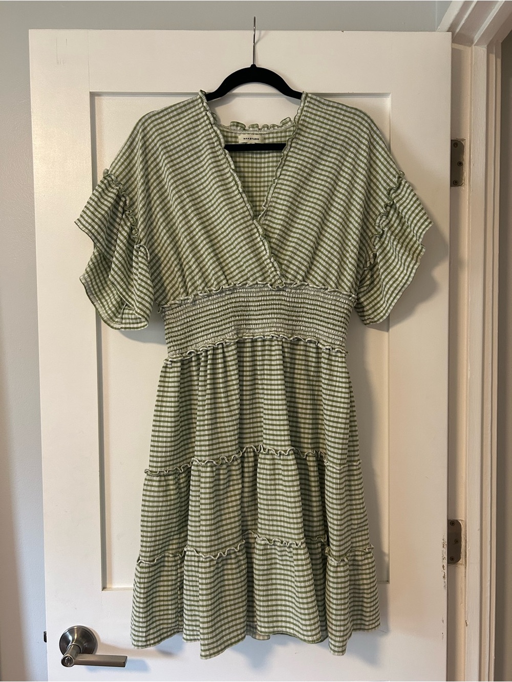 Green Striped V-Neck Tiered Women's Dress